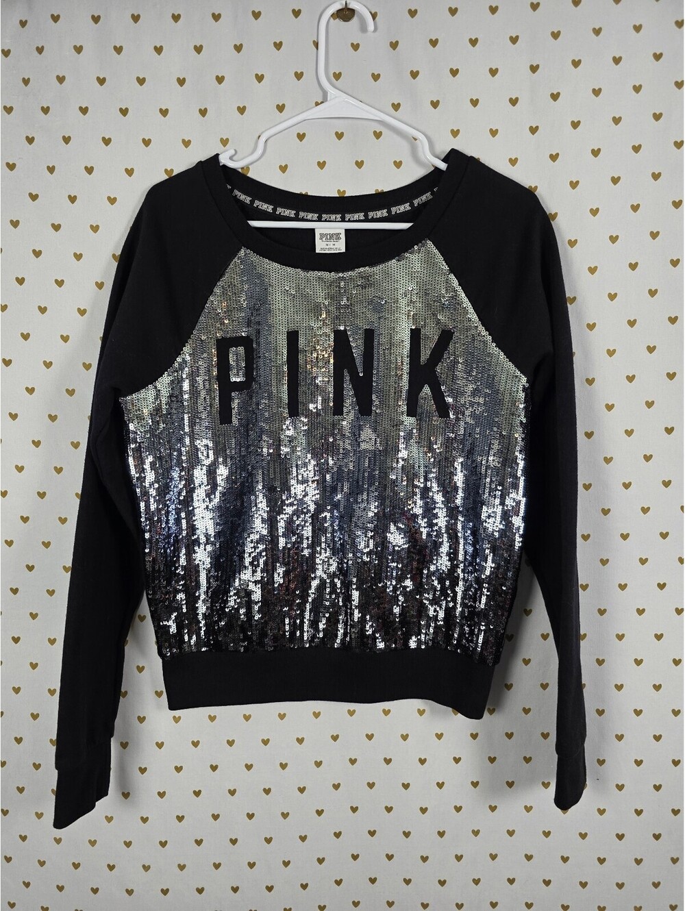 Victorias Secret Pink FULL BLING Sequined Logo Crew Sweater Shirt Medium